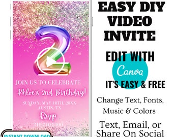 Editable 2nd Birthday Invitation, Rainbow Birthday Video Invitation, Girl Birthday Video Invitation, Smartphone Text Invite
