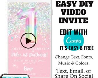 1st Birthday Video Invitation Girl, Editable Pink Birthday Invite Girl, Smartphone Text Invite