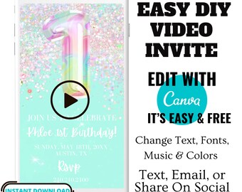 1st Birthday Video Invitation Girl, Editable Mint Birthday Invite Girl, Smartphone Text Invite