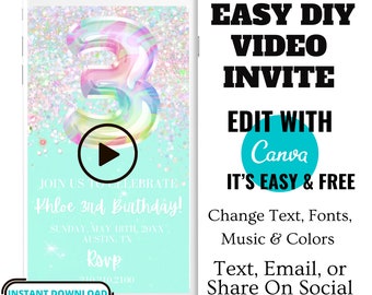 3rd Birthday Invitation Girl, Editable Mint Birthday Video Invite Girl, Smartphone Text Invite