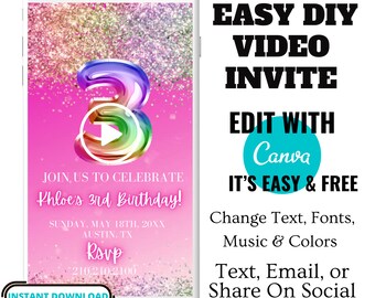 Editable 3rd Birthday Invitation, Rainbow Birthday Video Invitation, Girl Birthday Video Invitation, Smartphone Text Invite