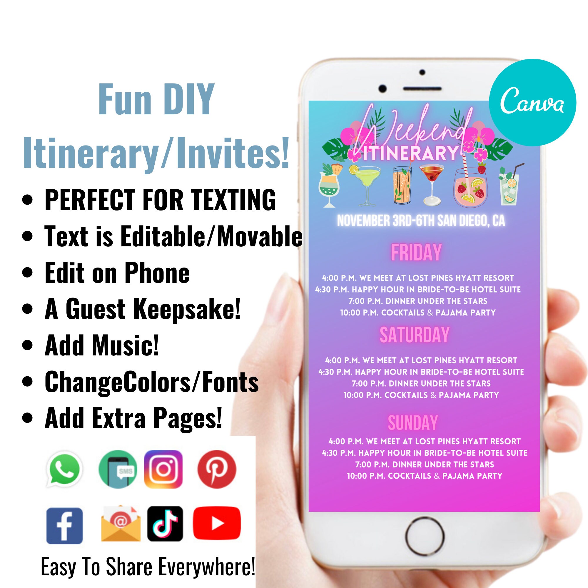 Weekend Itinerary Template, Digital Schedule, Wedding Weekend, Schedu…