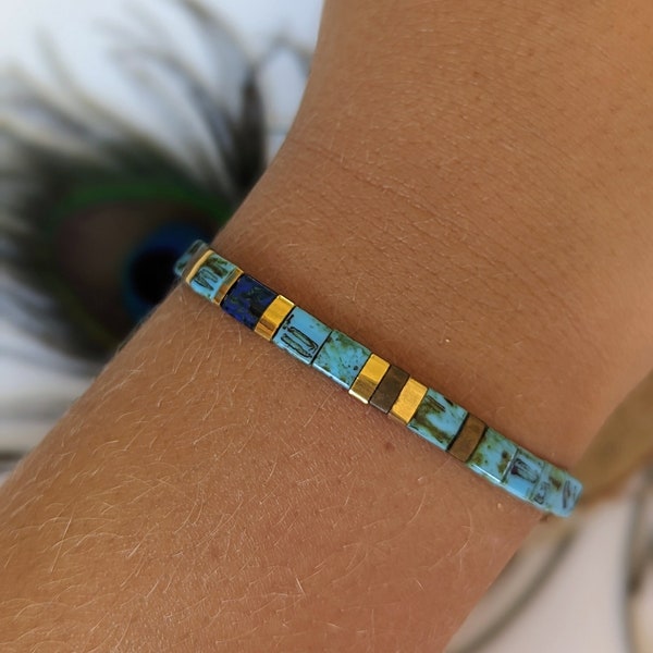 Bracelet de carreaux de verre bleu, Bracelet Tila, Bracelet de carrés colorés, Bijoux d'été, Bracelets de plage