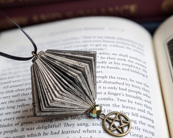 Folded book paper hanging ornament with pentacle charm