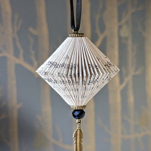 Folded book paper hanging ornament with feather charm image 3