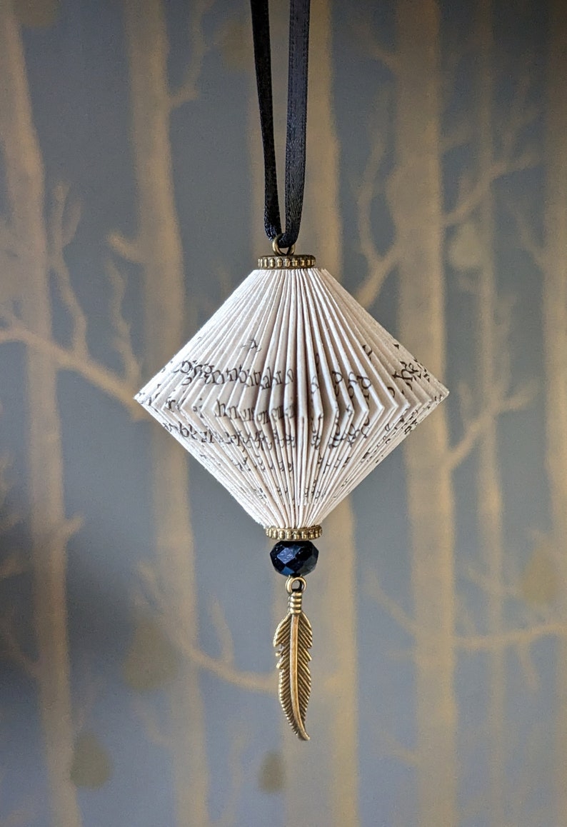 Folded book paper hanging ornament with feather charm image 3