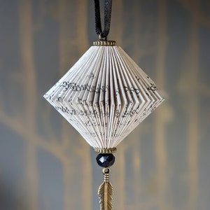 Folded book paper hanging ornament with feather charm image 2