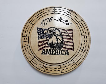 America 250th Anniversary Flag & Eagle cribbage board , Teak, Maple or Brazilian Cherry 2, 3 or 4 player