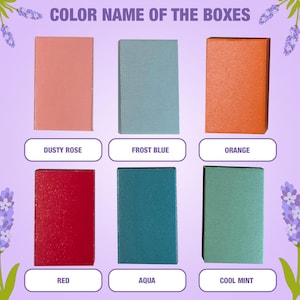 May include: Six color swatches labeled with the color names: Dusty Rose, Frost Blue, Orange, Red, Aqua, and Cool Mint.