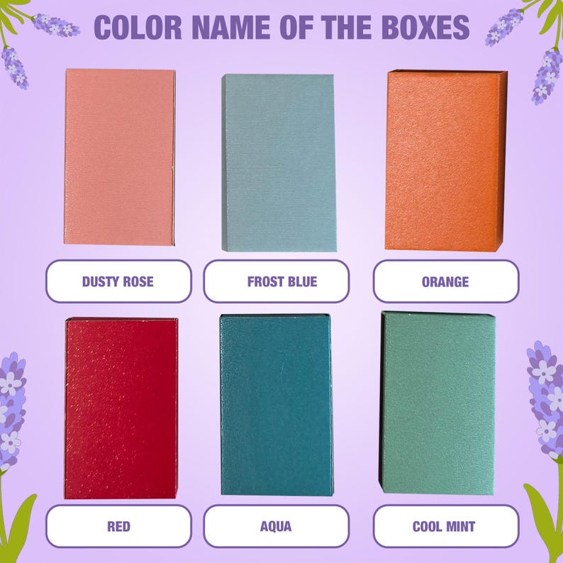 May include: Six color swatches labeled with the color names: Dusty Rose, Frost Blue, Orange, Red, Aqua, and Cool Mint.