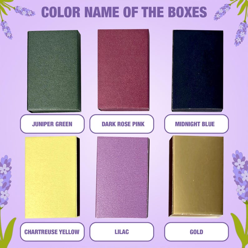 May include: Six small boxes in different colors, labeled with their color names: Juniper Green, Dark Rose Pink, Midnight Blue, Chartreuse Yellow, Lilac, and Gold.