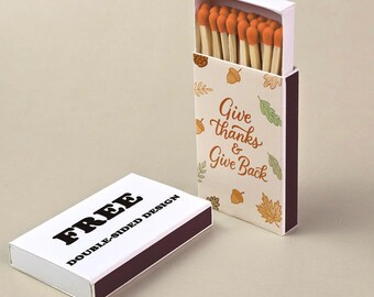 Personalized Thanksgiving Matchboxes – Give Thanks & Give Back, Fall Party Favors, Autumn Dinner Decor