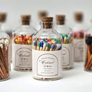 60 Colorful 2" Safety Matches in Apothecary Jar – Cork Lid, Striker on Bottom – Candle Matches, Gift Idea, Home Decor Accent