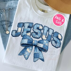 Bleu patchwork Jésus PNG SVG, chemise chrétienne matelassée imitation Png, coquette Jésus brodé Png, conception de chemise tendance, sublimation Tshirt Png