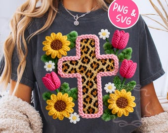 Floral Faux Yarn Cross PNG SVG, Trendy Knitted Jesus Shirt Design, Trending Christian PNG, Spring Faith Png, Knit Christian Png, Crochet Png