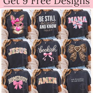 The image is a collage of nine different t-shirt designs, each featuring a unique message or phrase. The designs include a bunny wearing a pink bow, the phrase "Be Still that I am God and Know", "Mama", "Jesus", "bookish", "Homebody", "Amen", and "not friendly, do not touch".