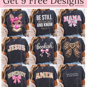 The image is a collage of nine different t-shirt designs, each featuring a unique message or phrase. The designs include a bunny wearing a pink bow, the phrase "Be Still that I am God and Know", "Mama", "Jesus", "bookish", "Homebody", "Amen", and "not friendly, do not touch".