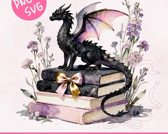 Fantasy Coffee Bookworm PNG SVG, Dragon Bookish Clip Art, Caffeinated Book Lover Sublimation, Trendy Reading Png, Floral Book Stack Graphic