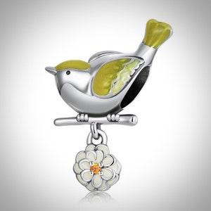 Flower & Bird Charm, Spring Charm, 100% 925 Sterling Silver, Cubic Zirconia, Enamel Processing, Charm For Bracelet, Bird With Flower Charm