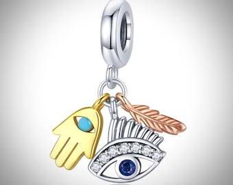 Egypt Lucky & Guardian Charm, 100% 925 Sterling Silver, Cubic Zirconia, Gold Plated, Charm For Bracelet, Feather, Hamsa Hand, Eye Charm