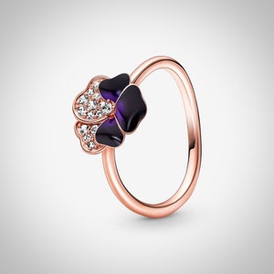 Deep Purple Pansy Flower Ring, Silver, 14K Rose Gold Plated, Cubic Zirconia, Silver Rings, Mother's Day Gift