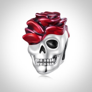 Rose & Skull Bead Charm, 100% 925 Sterling Silver, Enamel Processing, Charm For Bracelet, Skull Charm, Halloween Charm