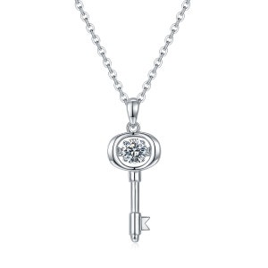 Moissanite Diamond Key Of The Heart Necklace, 100% 925 Sterling Silver, Moissanite Diamond 0.5C, 18K White Gold Plated, Silver Key Necklace