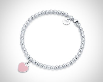Pink Heart Tag Bead Bracelet, 100% 925 Sterling Silver, Enamel Processing, Silver Bead Bracelet