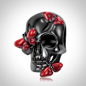 Black Skull With Red Butterflies Charm, 100% 925 Sterling Silver, Enamel Processing, Charm For Bracelet, Black Skull & Red Butterflies Charm