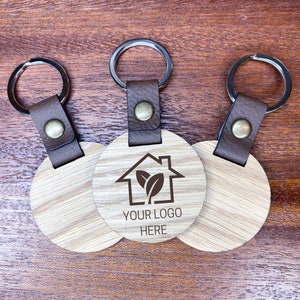 Business Logo Keychain Customized Engraved Wooden Keychain with Leatherette Strap Personalized