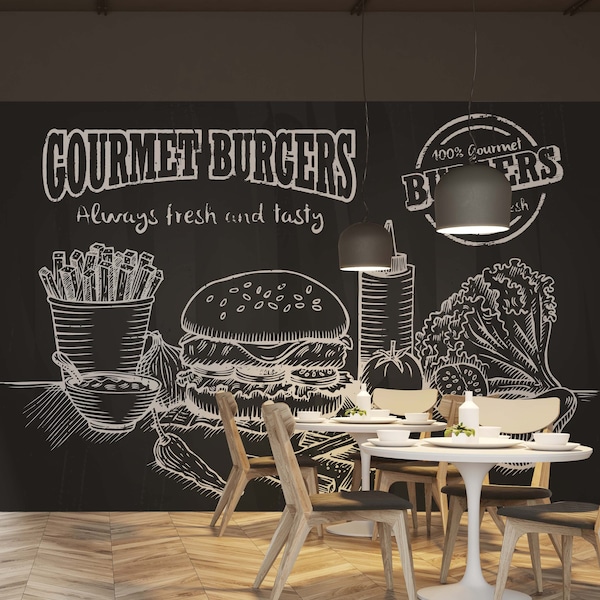 Gourmet Burger Menu Wallpaper, Cafe Wallpaper, Peel and Stick, Removable Wallpaper, Vinyl Wallpaper, Home Decor, Wall Mural