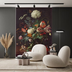 Carta da parati con fiori rossi floreali scuri, carta da parati floreale, stacca e incolla, carta da parati vintage, murale rimovibile, carta da parati Art Deco, decorazione da parete