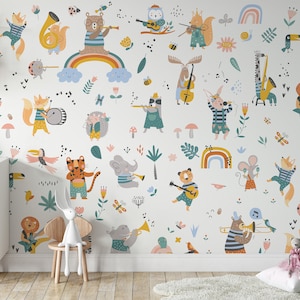 Skandinavische Tiere Tapete - niedliche Folklore-Blumentiere, selbstklebende Tapete, Kinderzimmer Tapete, Babyzimmer Tapete, minimalistisch
