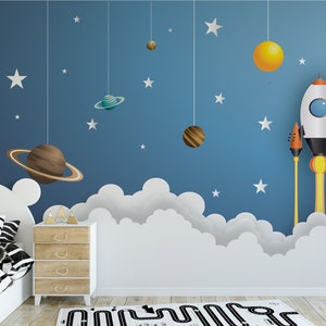 Carta da parati spaziale per bambini, carta da parati spaziale, carta da parati astronauta, stacca e incolla, carta da parati moderna, carta da parati grafica, carta da parati autoadesiva
