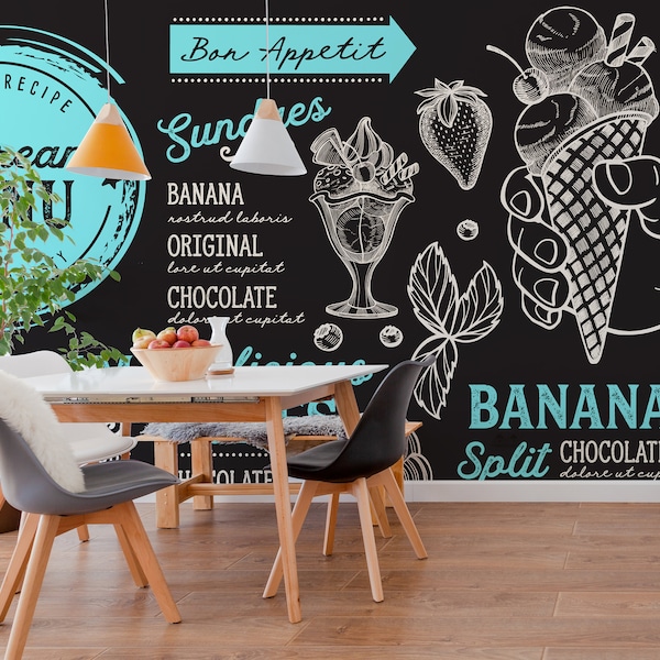 Ice Cream Menu Blue Wallpaper, Peel and Stick, Cafe Wallpaper, Culinary Wallpaper, Modern Wallpaper, Peel and Stick Wallpaper, Self Adhesive