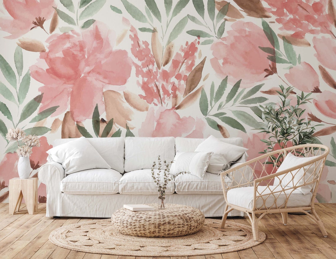 Floral Wallpaper Pink Flowers Accent Design Wallpaper - Etsy