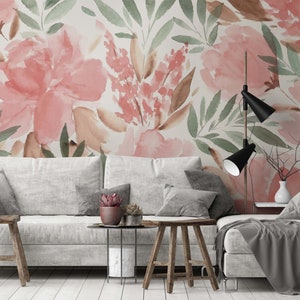 Floral Wallpaper, Pink Flowers, Accent Design Wallpaper, Flower Wallpaper, Peel and Stick ...