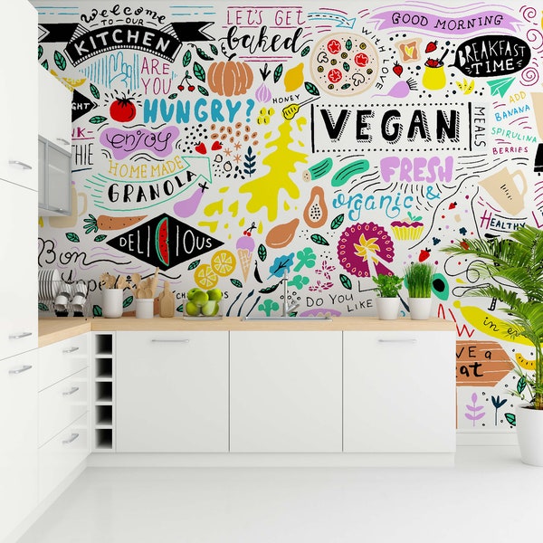 Vegan Restaurant Texts Wallpaper, Cafe Wallpaper, Peel and Stick, Removable Wallpaper, Vinyl Wallpaper, Home Decor, Wall Mural