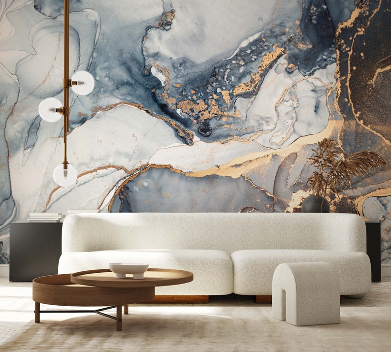 Peel and Stick Wallpaper Blue Removable Wallpaper Mural Gold - Etsy