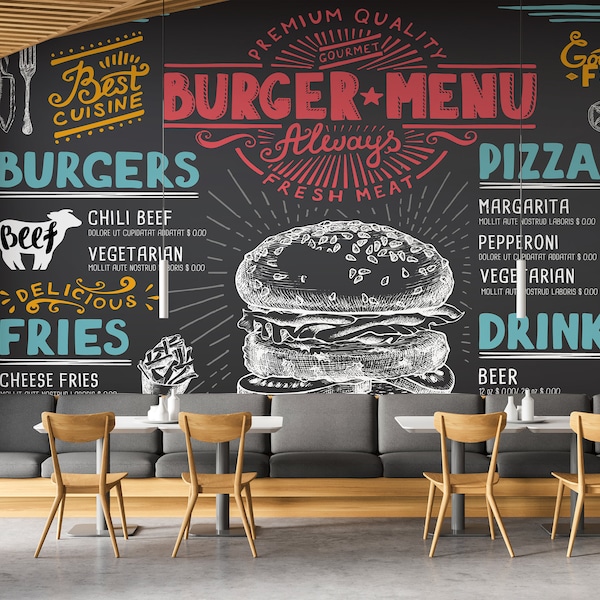 Vivid Burger Menu Wallpaper, Peel and Stick, Cafe Wallpaper, Culinary Wallpaper, Modern Wallpaper, Peel and Stick Wallpaper, Self Adhesive