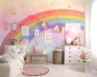 colorful rainbow, peel and stick wallpaper, removable wallpaper kids, watercolor wallpaper, minimalist