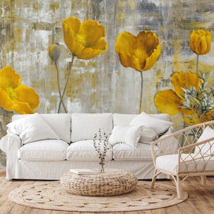 Fiori gialli, disegno astratto, sfondo dipinto ad olio, carta da parati floreale, stacca e incolla, carta da parati moderna, autoadesiva, decorazione da parete, arte