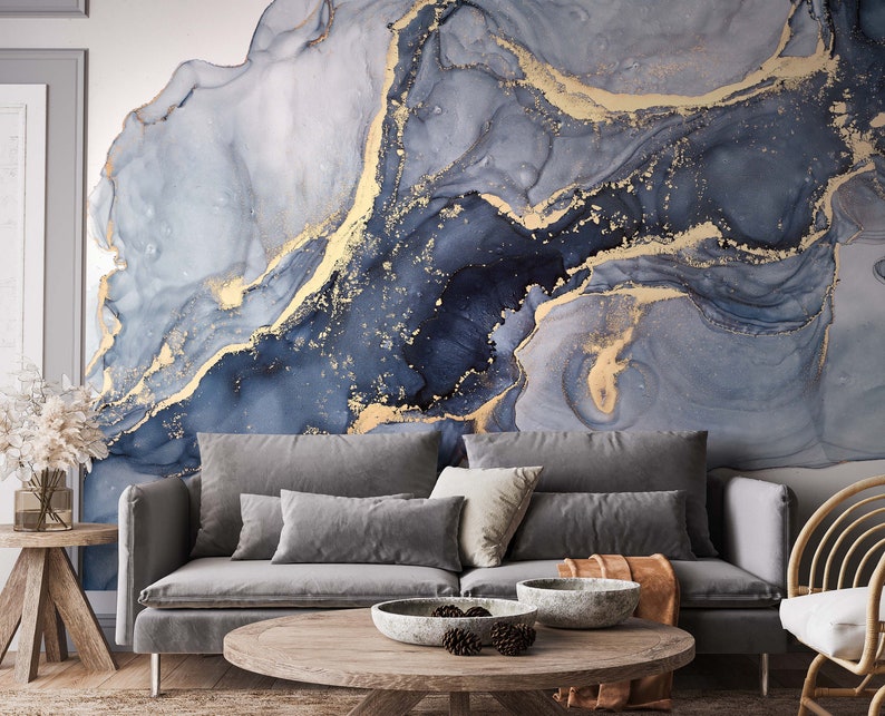 Marble Texture Wallpaper Blue & Gold Peel and Stick Self Etsy New Zealand