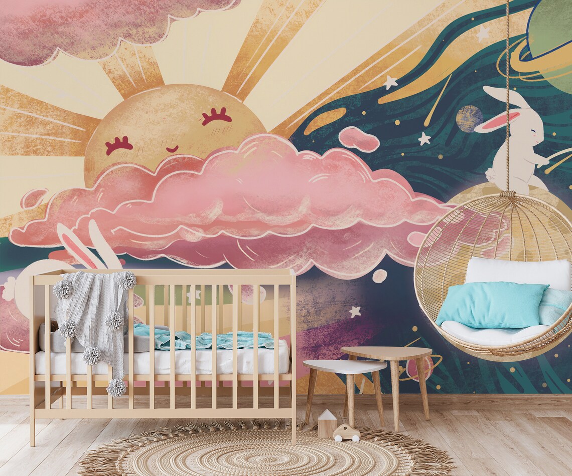 Hand Painted Dreamy Pink and Blue Sky Nursery Children Etsy