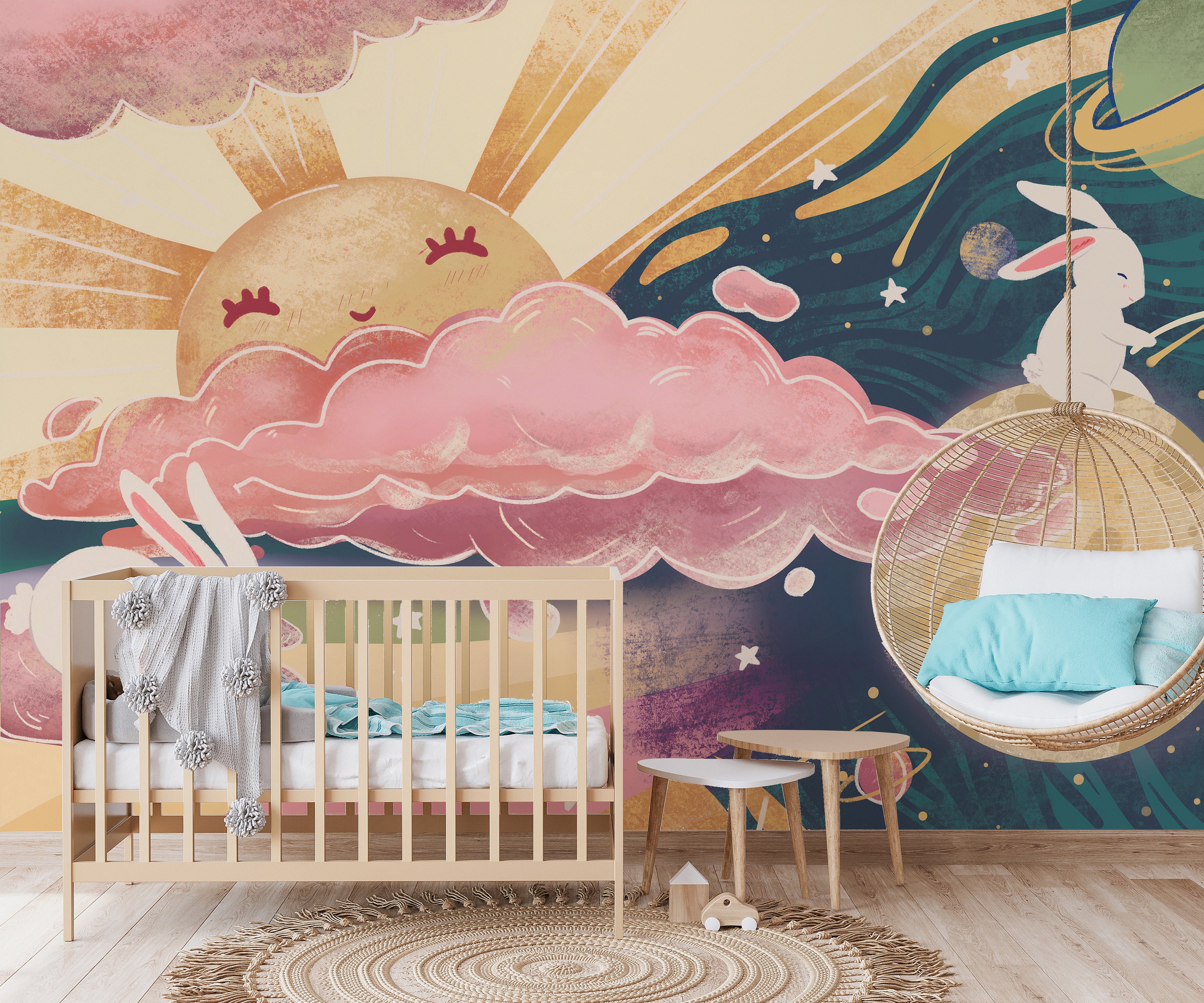 Hand Painted Dreamy Pink and Blue Sky Nursery Children Etsy