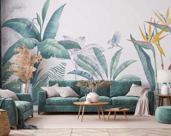 Tropical Green Leaves, Exotic Cute Birds, Vinyl Wallpaper, Self Adhesive, Peel and Stick, Wall Mural, Non-woven, Wall Decoration, Removable
