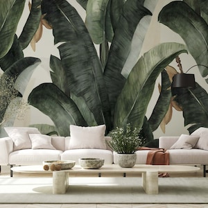 Large Green Tropical Leaves, Tropical Wallpaper, Peel and Stick, Removable Wallpaper, Self Adhesive Wallpaper, Wall Mural, Floral Wallpaper