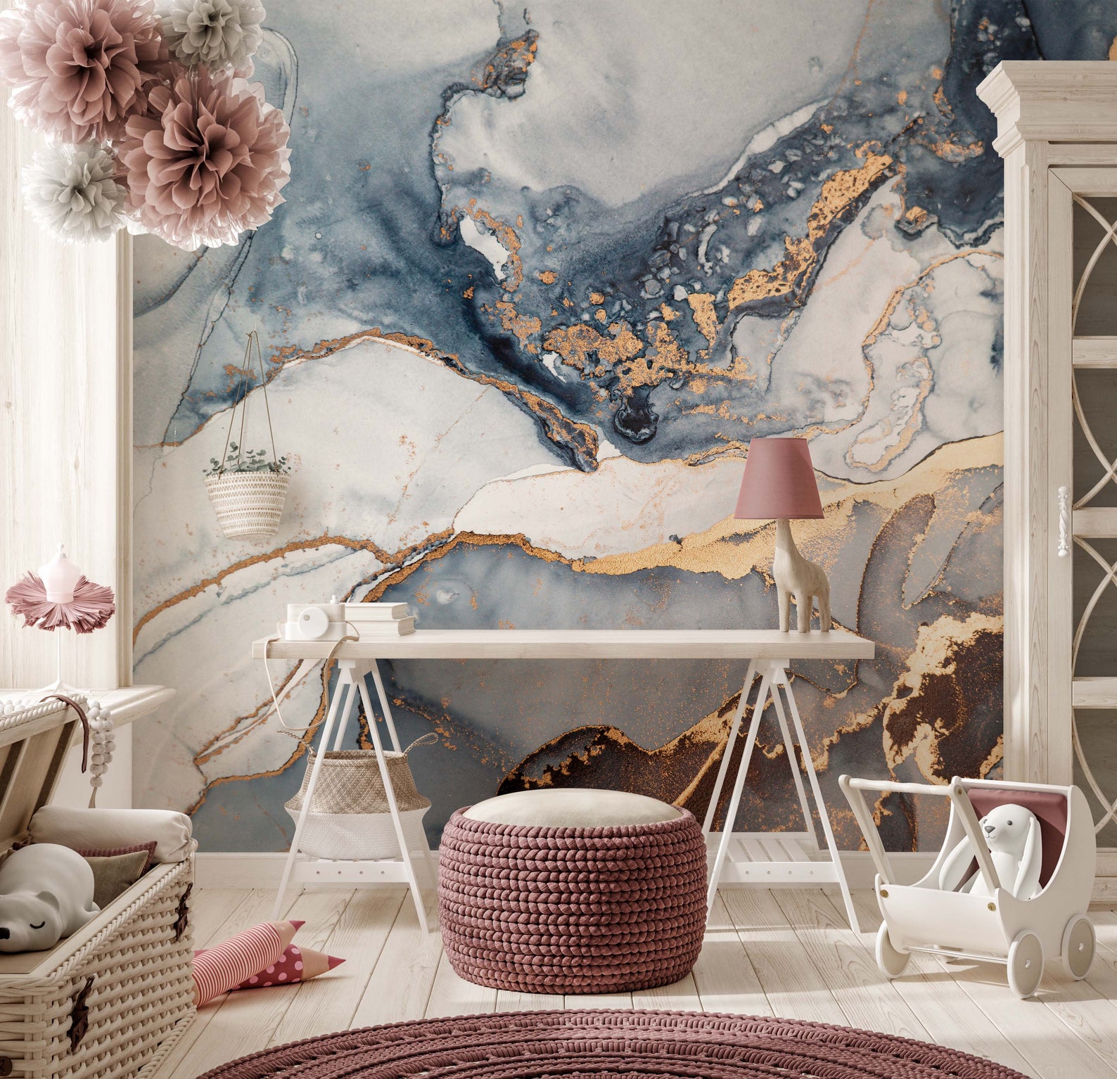 Peel and Stick Wallpaper Blue Removable Wallpaper Mural Gold Etsy