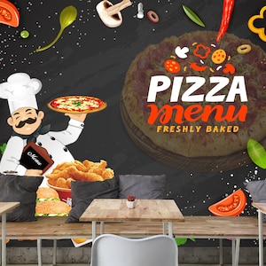 Pizza Place Cafe Chicken Chef Food Wallpaper, Cafe Wallpaper, Fondo de pantalla culinario, Fondo de pantalla moderno, Peel and Stick Wallpaper, Autoadhesivo