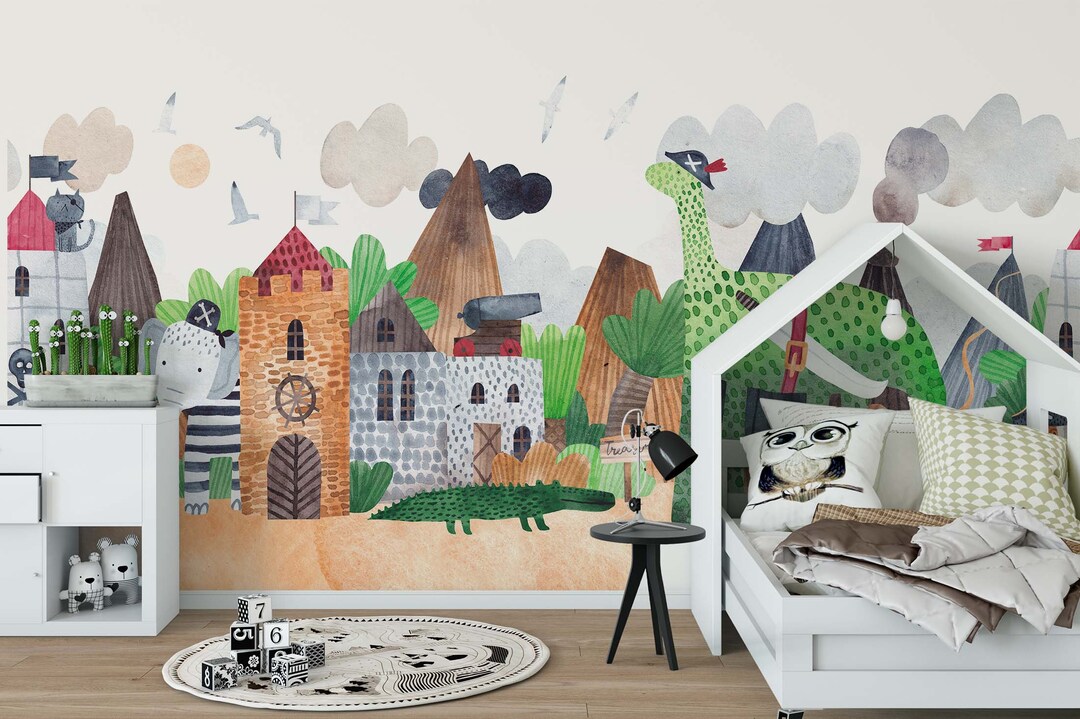 Kids Watercolor Wallpaper Village Animals Nursery Wallpaper - Etsy